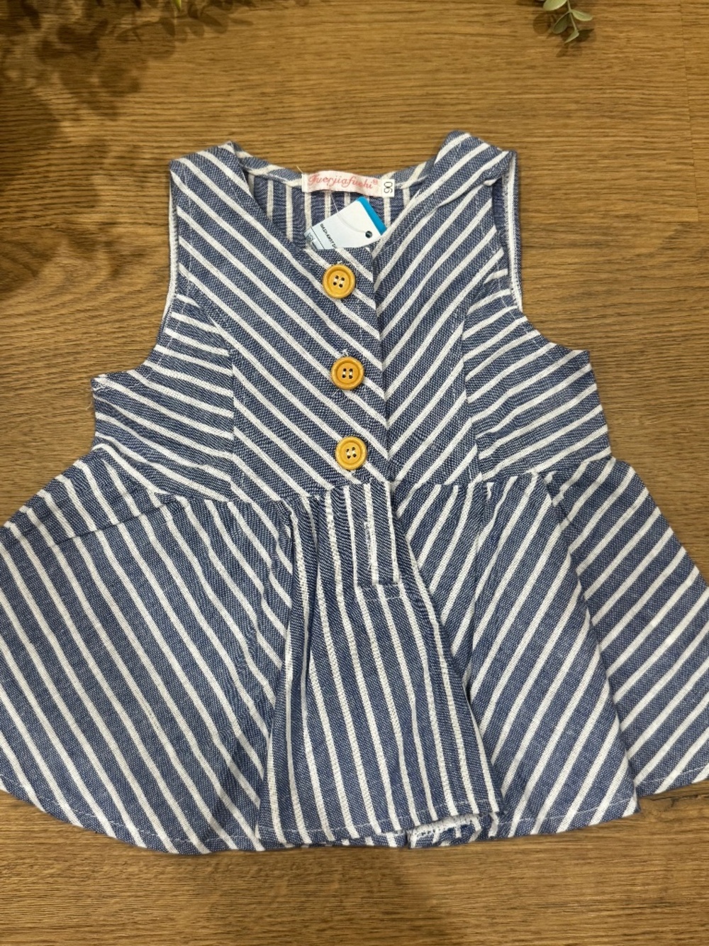 NWT Fuerjiafushi Girls Size 90 Blue White Striped Button Dress